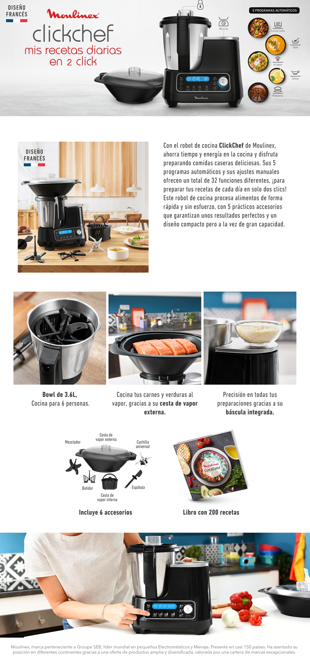 Moulinex ClickChef HF4SPR30 Robot de Cocina con Vaporera Interna y