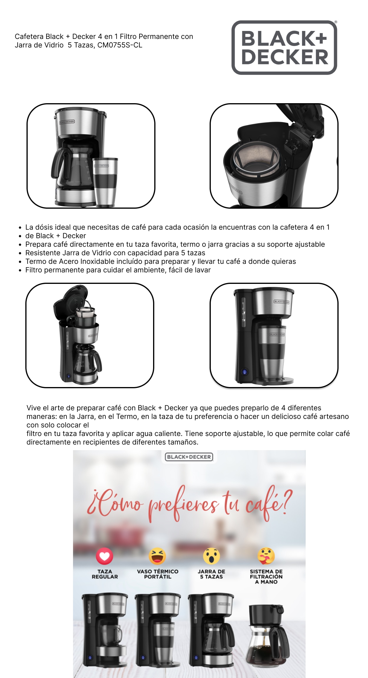 Comprar Cafetera Black&Decker 4 en 1 Filtro Permanente con Jarra de Vidrio,  5 Tazas, CM0755S-LA